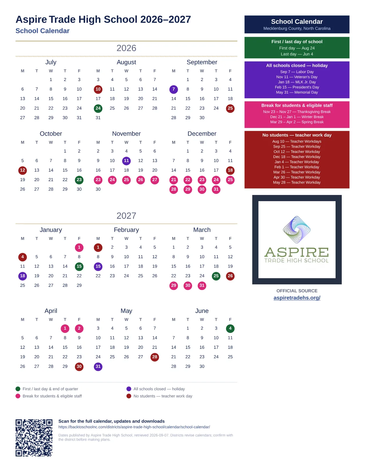Aspire Trade High School School Calendar 2026–2027 printable calendar