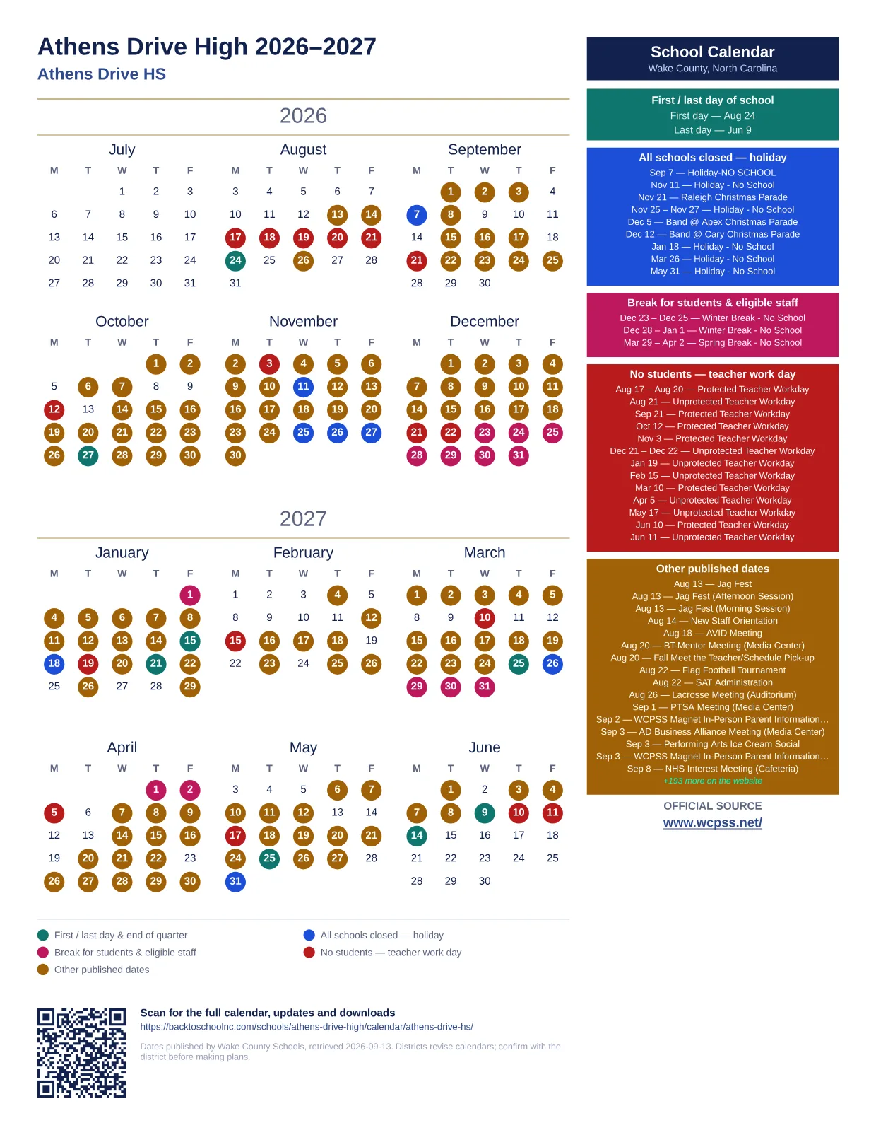 Athens Drive High 2026–2027 printable calendar