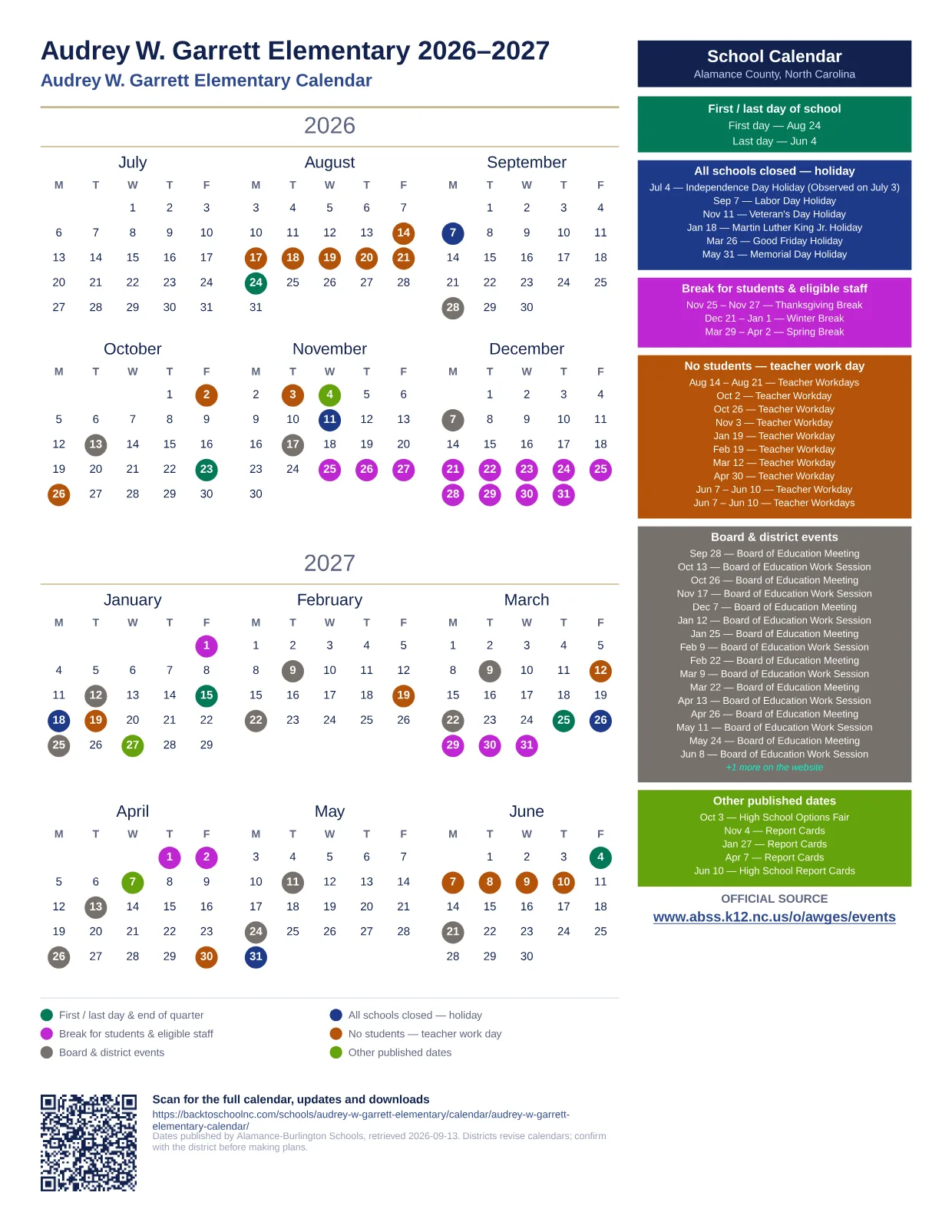 Audrey W. Garrett Elementary 2026–2027 printable calendar