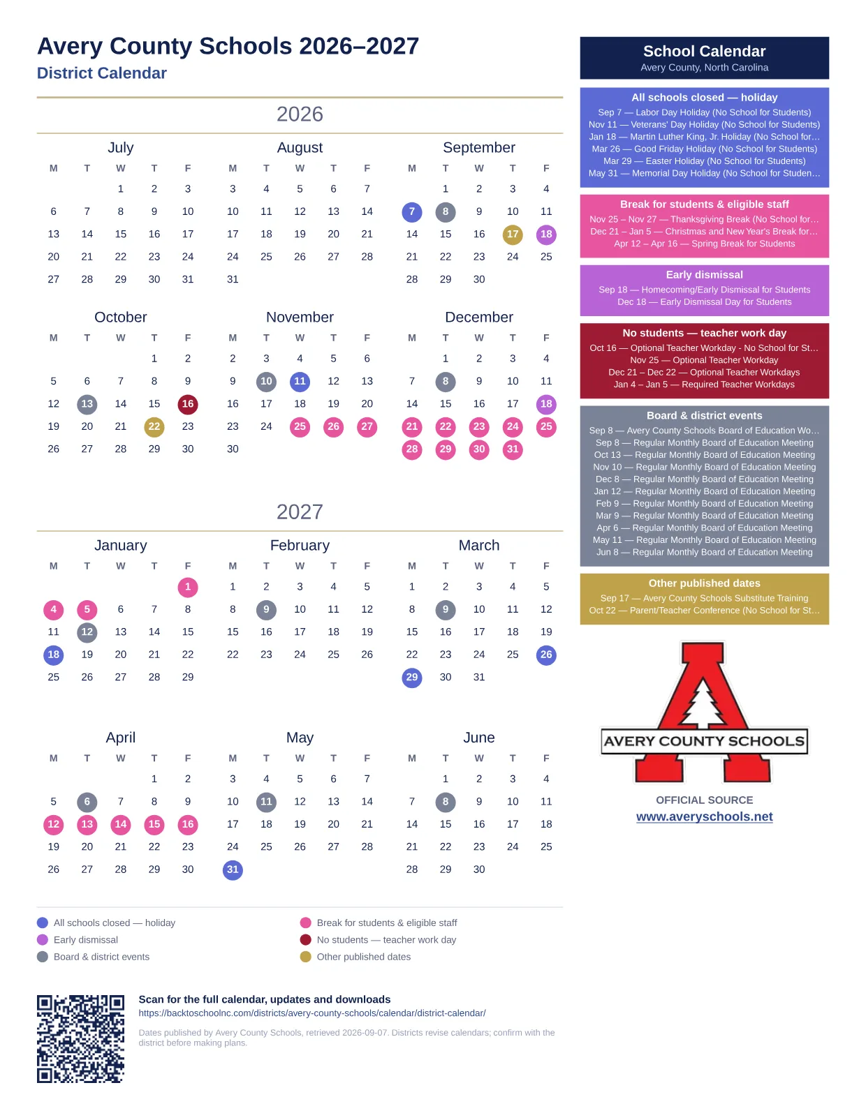 Avery County Schools District Calendar  printable calendar