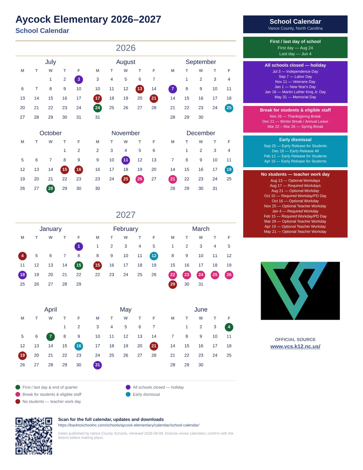 Aycock Elementary 2026–2027 printable calendar