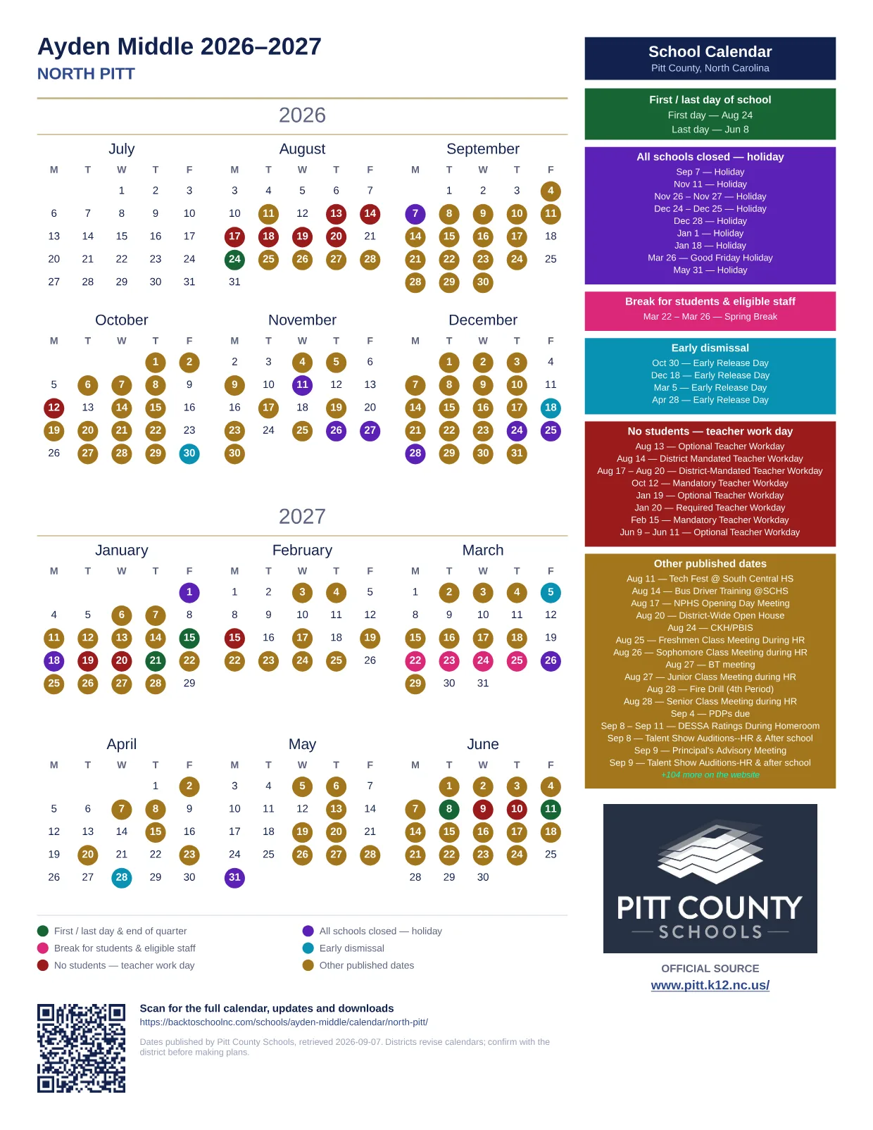 Ayden Middle 2026–2027 printable calendar