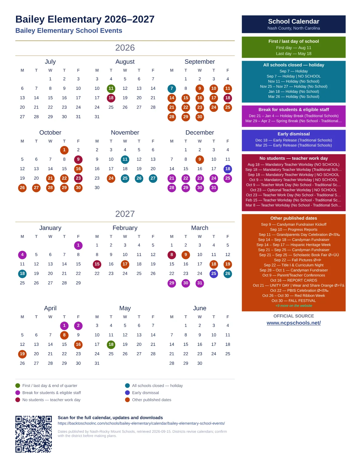 Bailey Elementary 2026–2027 printable calendar