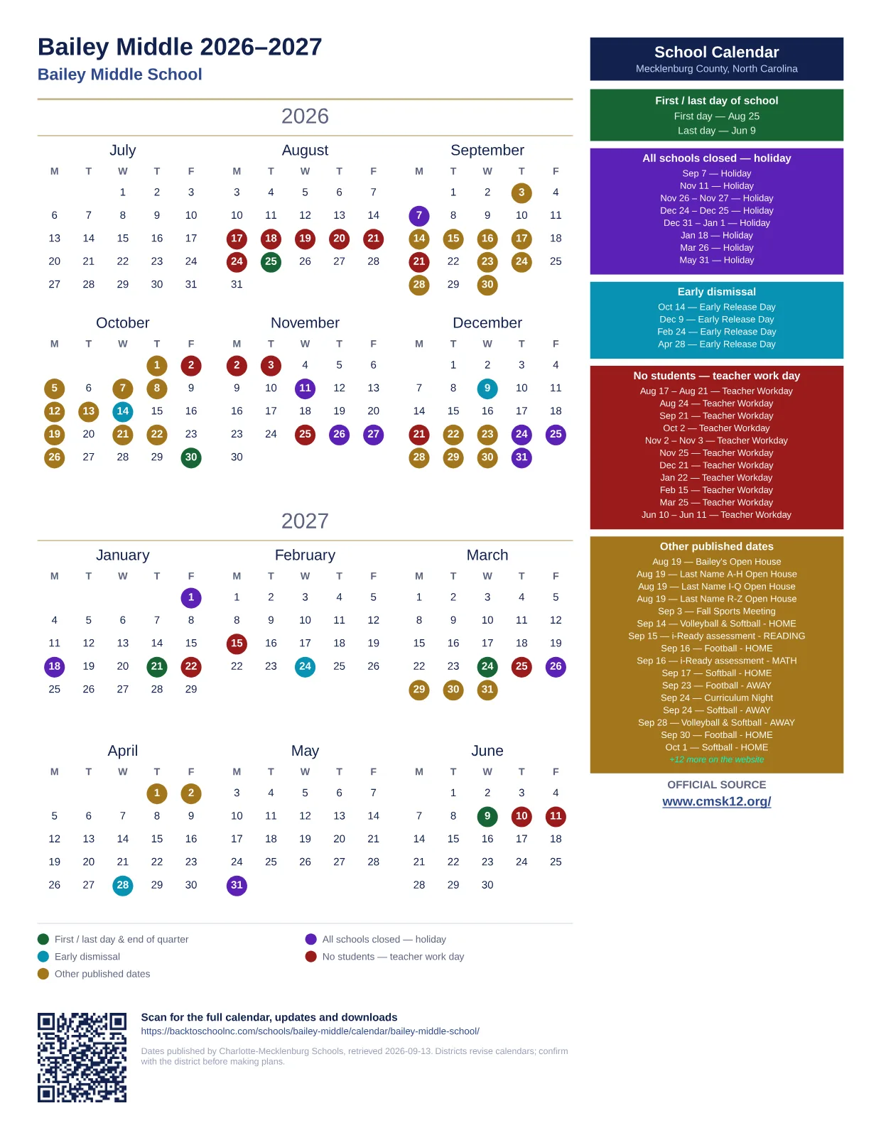 Bailey Middle 2026–2027 printable calendar