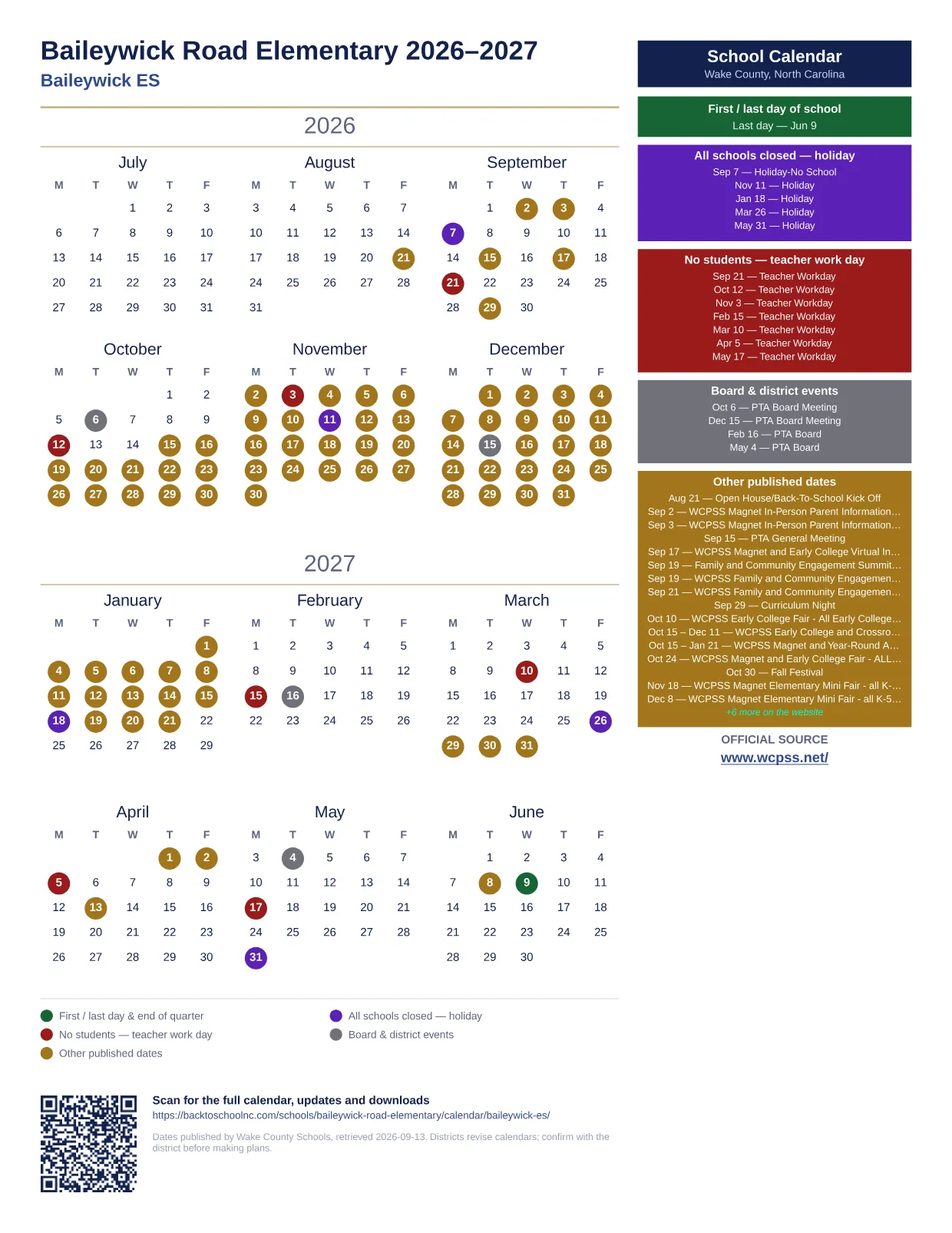 Baileywick Road Elementary  printable calendar
