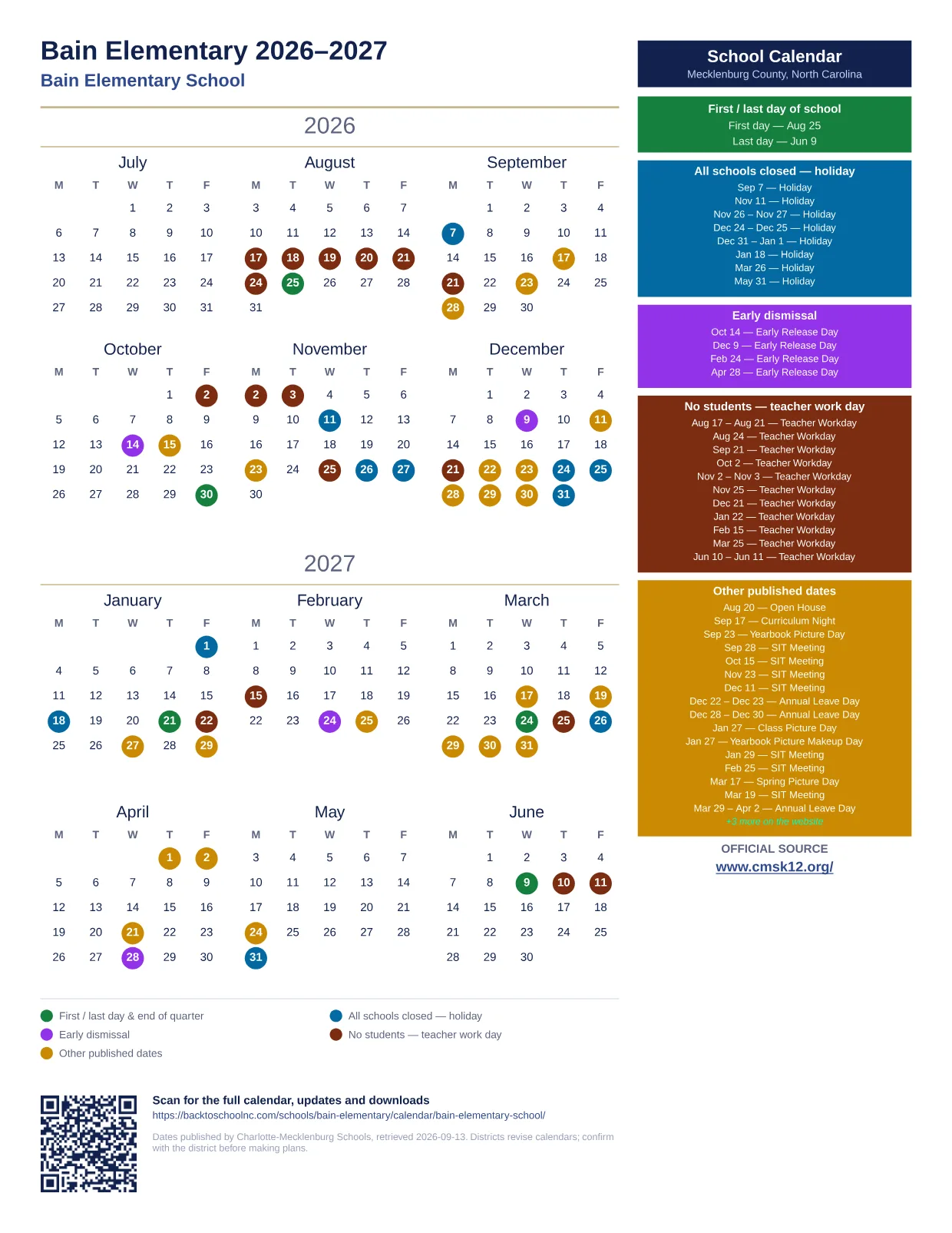 Bain Elementary 2026–2027 printable calendar