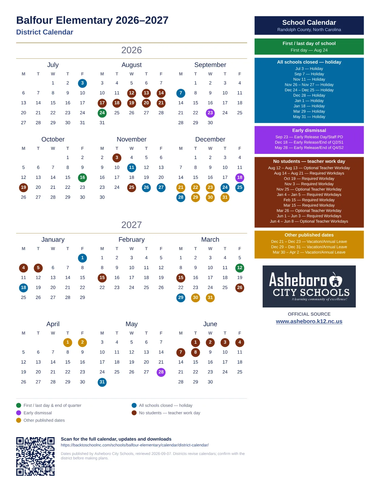 Balfour Elementary 2026–2027 printable calendar