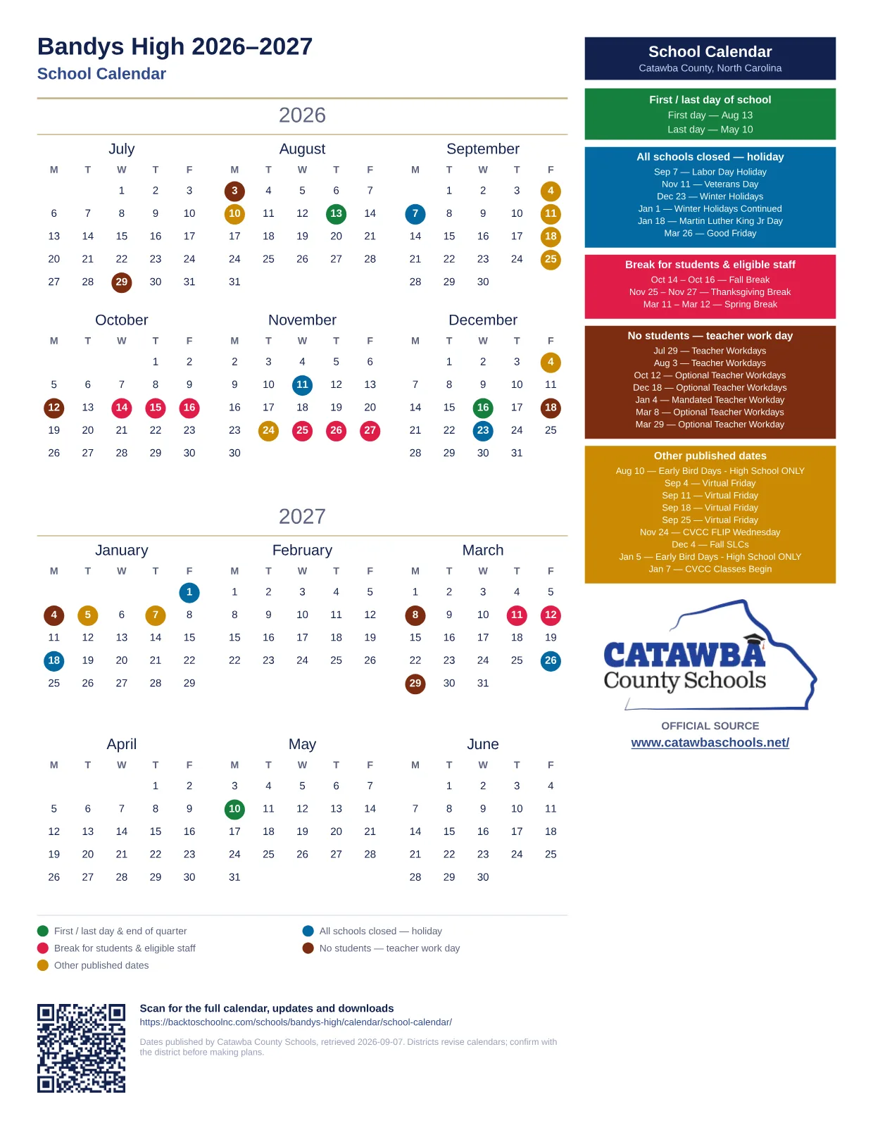 Bandys High 2026–2027 printable calendar