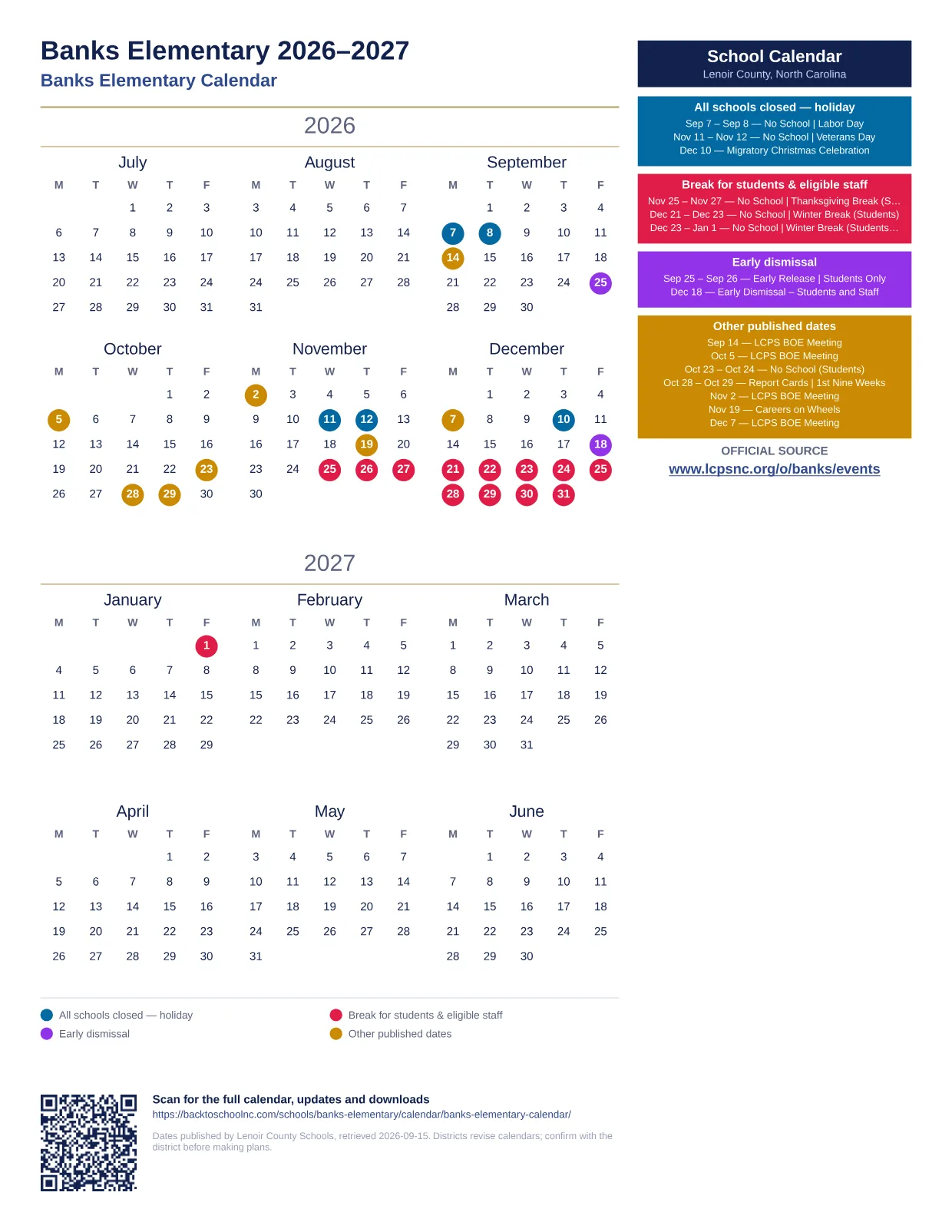 Banks Elementary printable calendar
