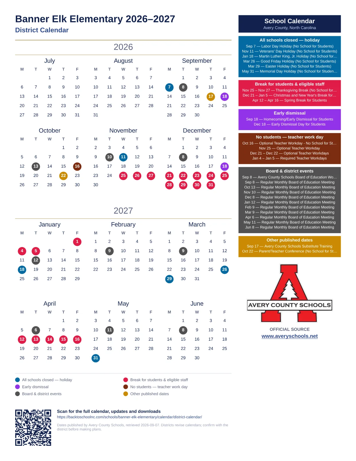 Banner Elk Elementary  printable calendar