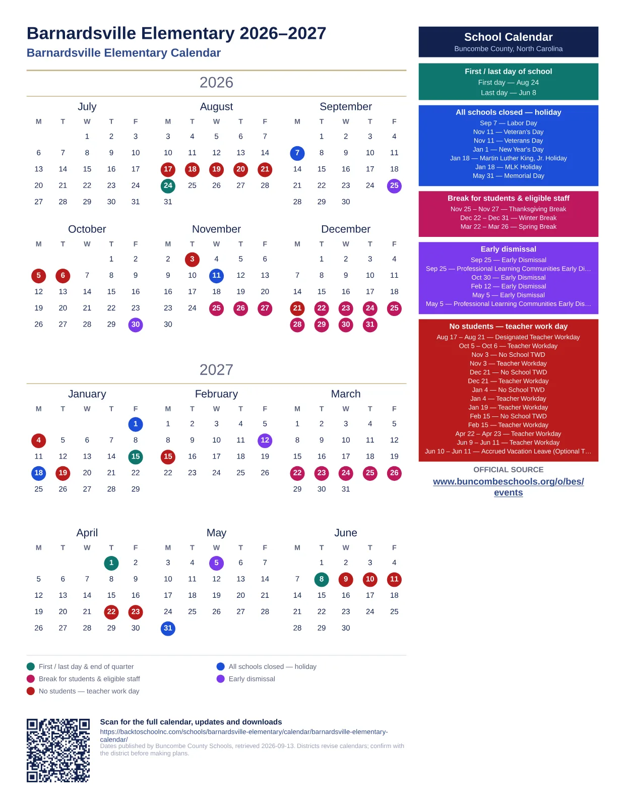 Barnardsville Elementary printable calendar