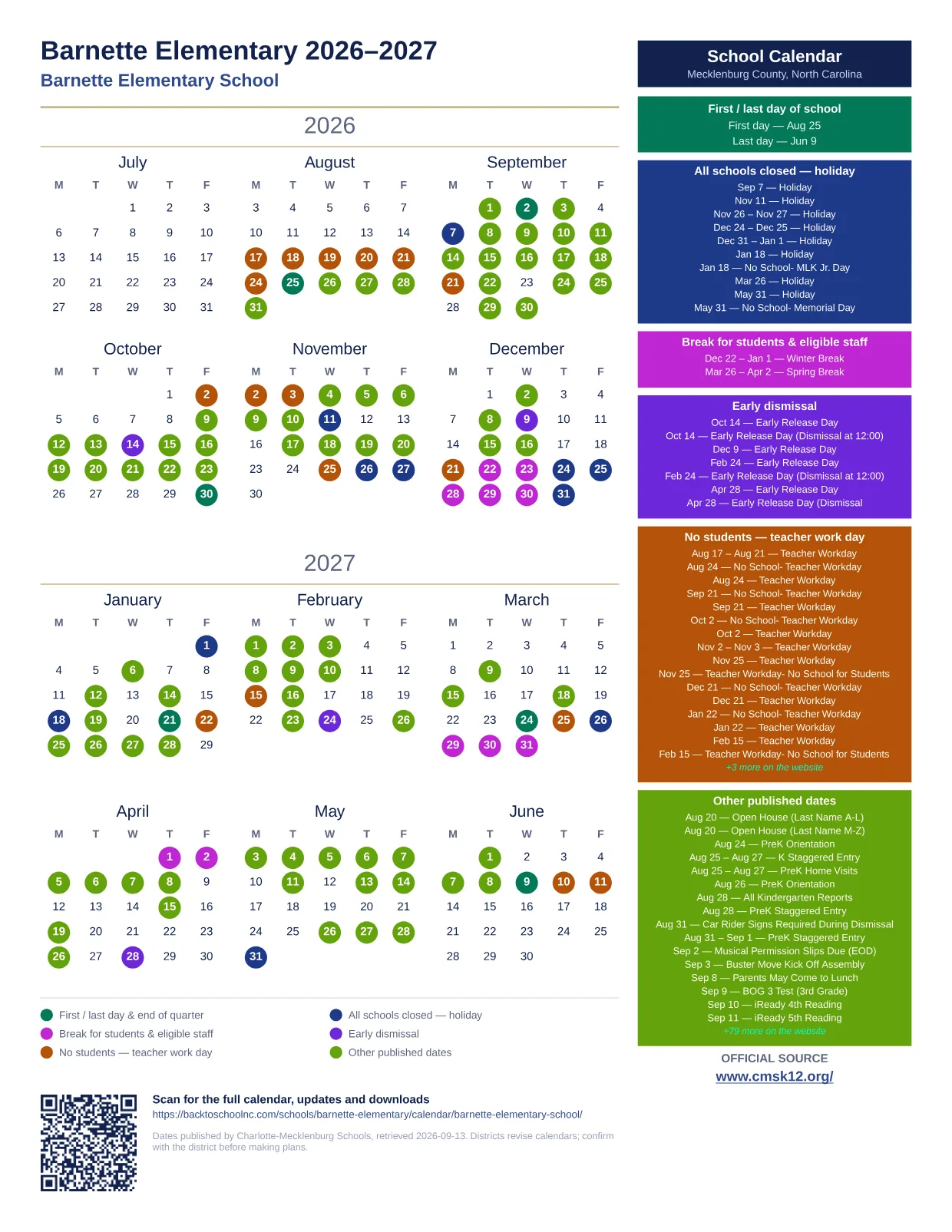 Barnette Elementary 2026–2027 printable calendar