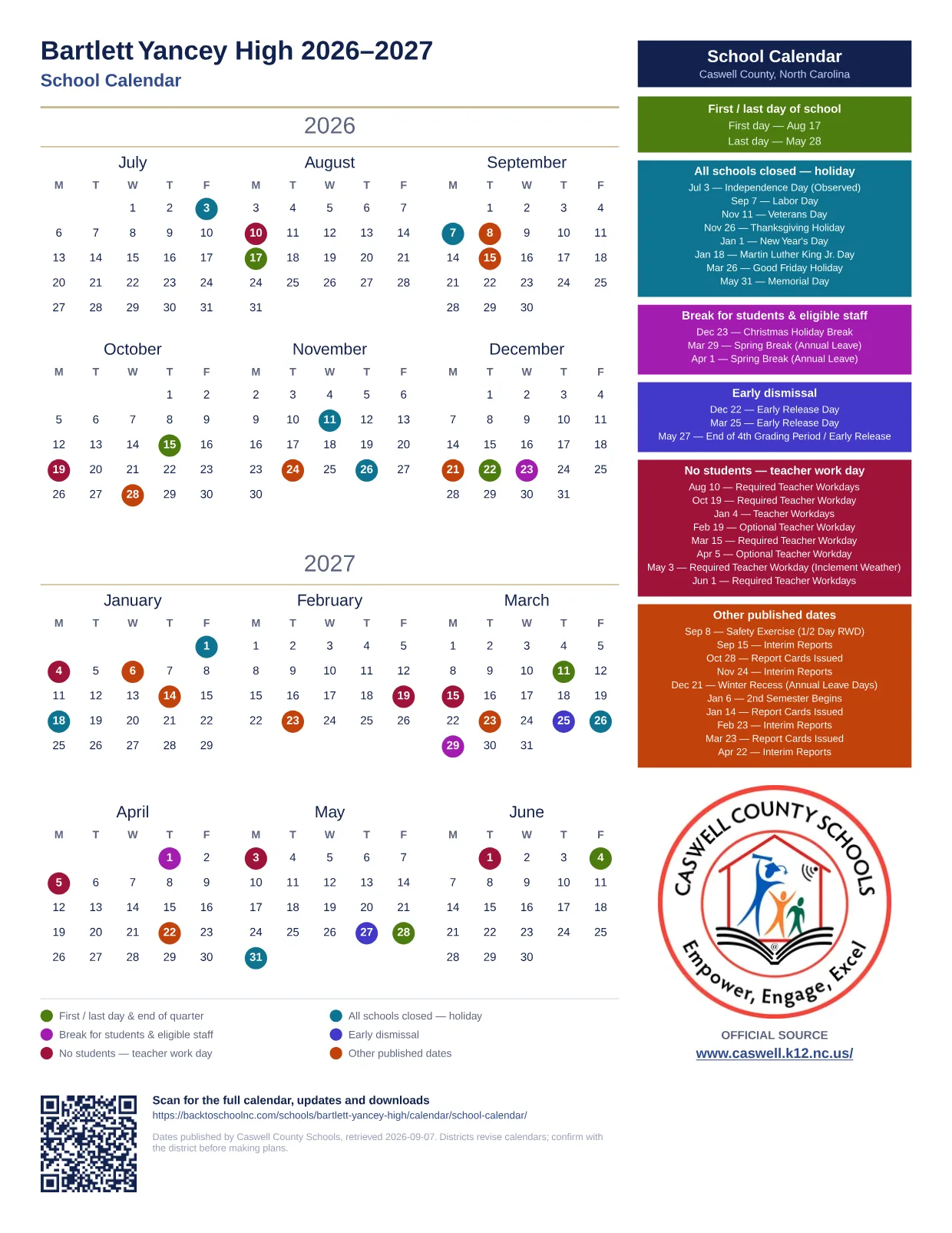 Bartlett Yancey High 2026–2027 printable calendar