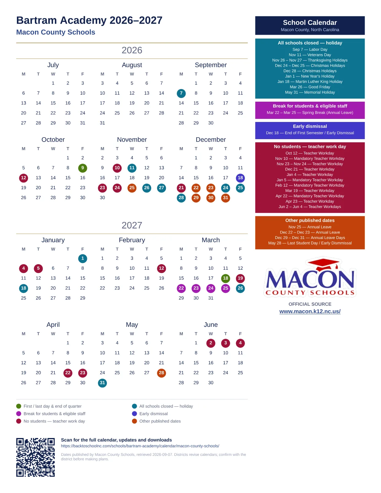 Bartram Academy  printable calendar