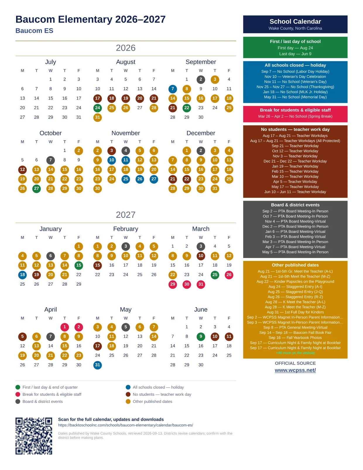 Baucom Elementary 2026–2027 printable calendar