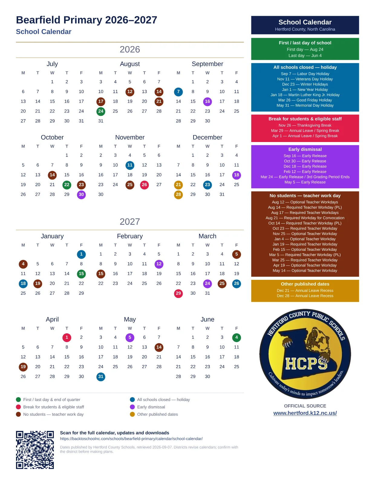 Bearfield Primary 2026–2027 printable calendar