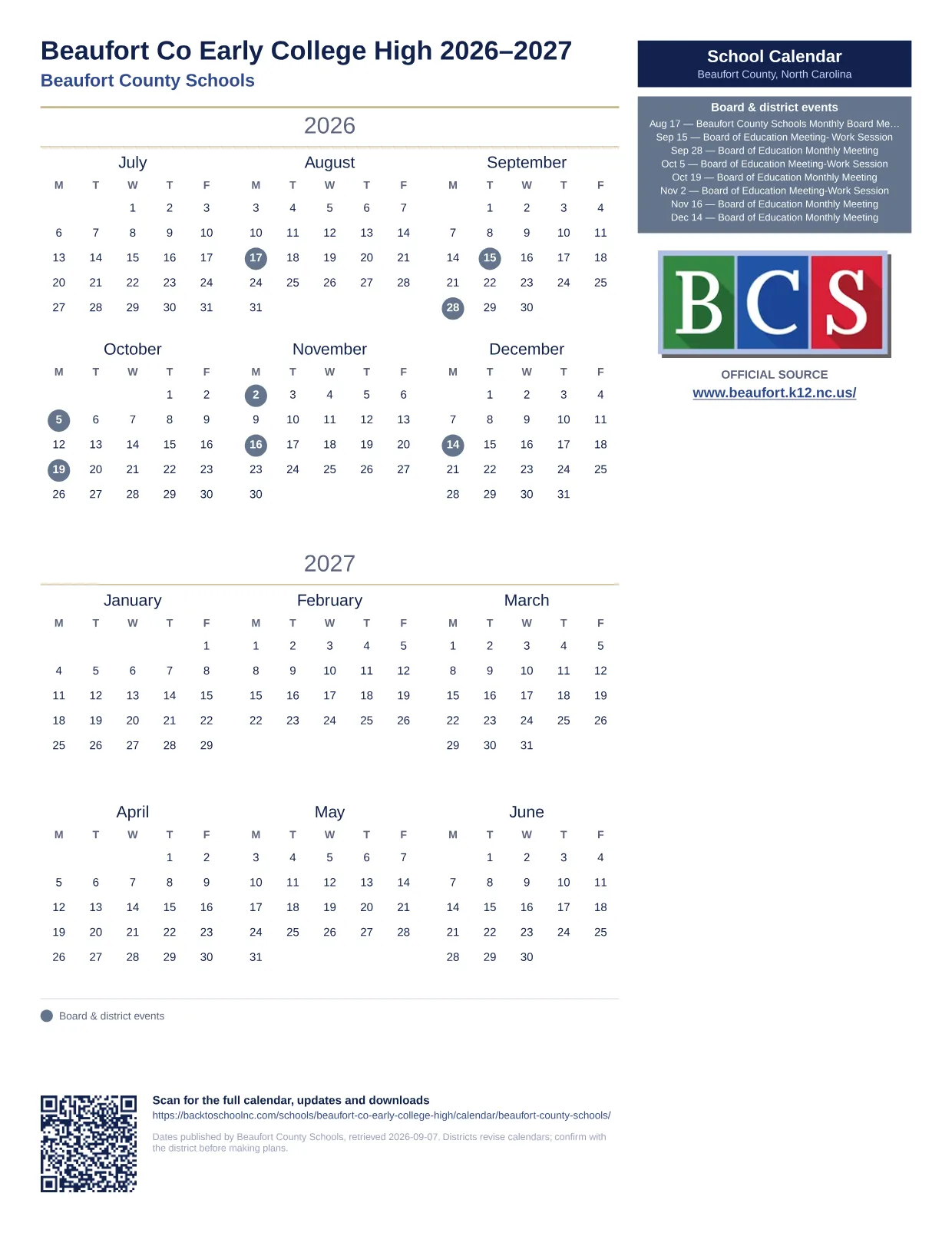 Beaufort Co Early College High  printable calendar