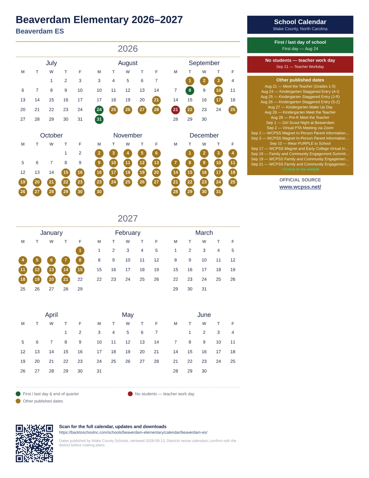 Beaverdam Elementary 2026–2027 printable calendar