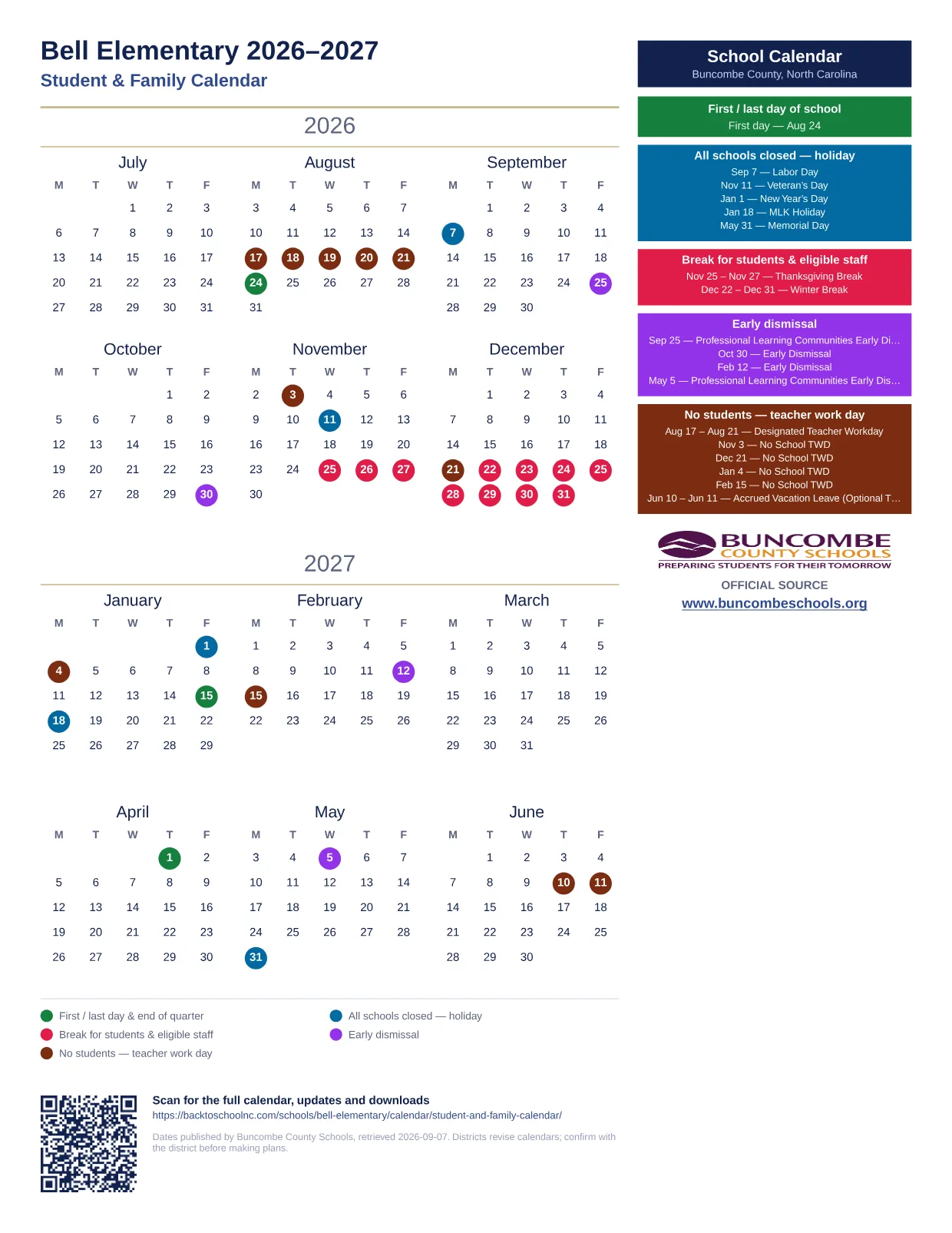 Bell Elementary  printable calendar