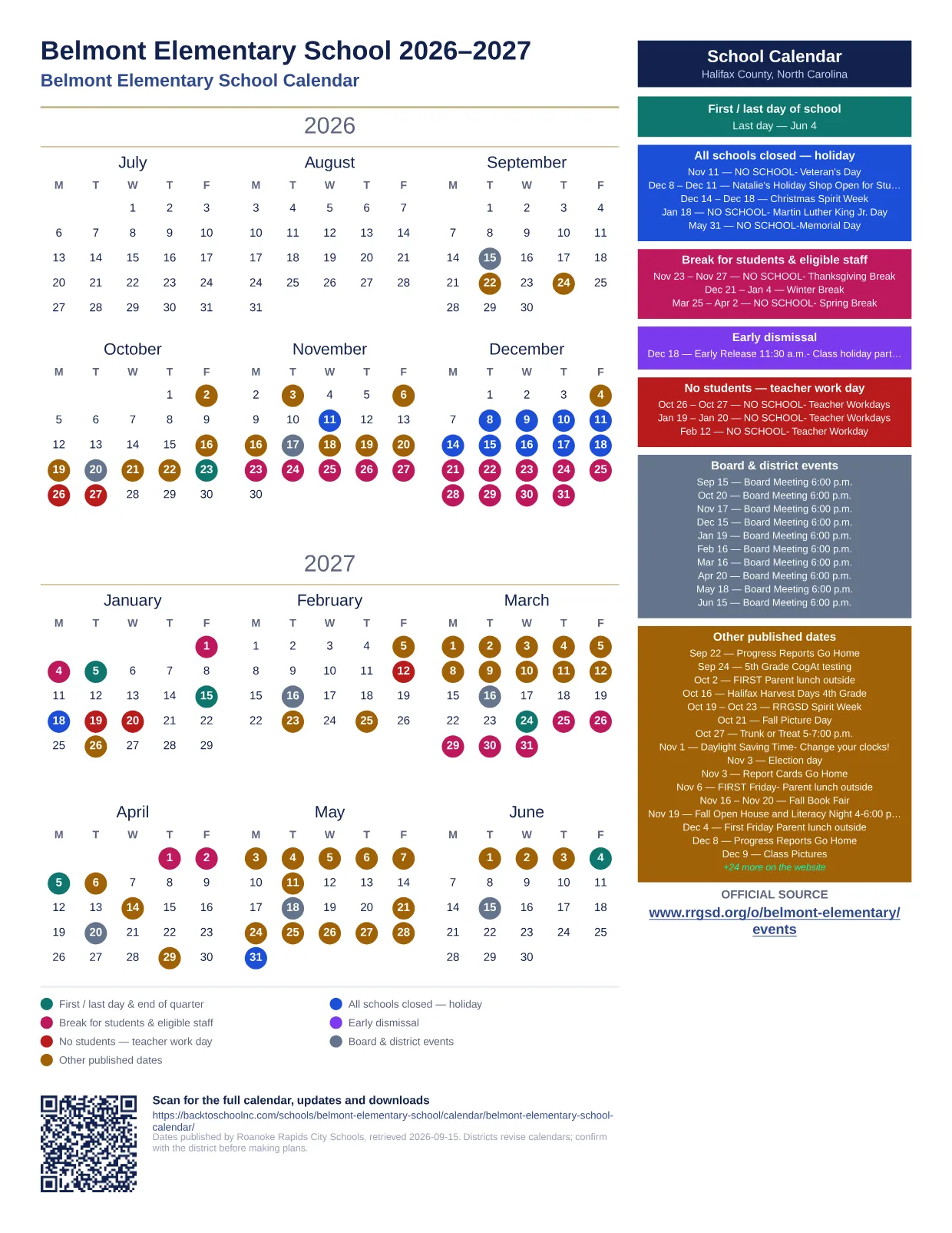 Belmont Elementary School  printable calendar