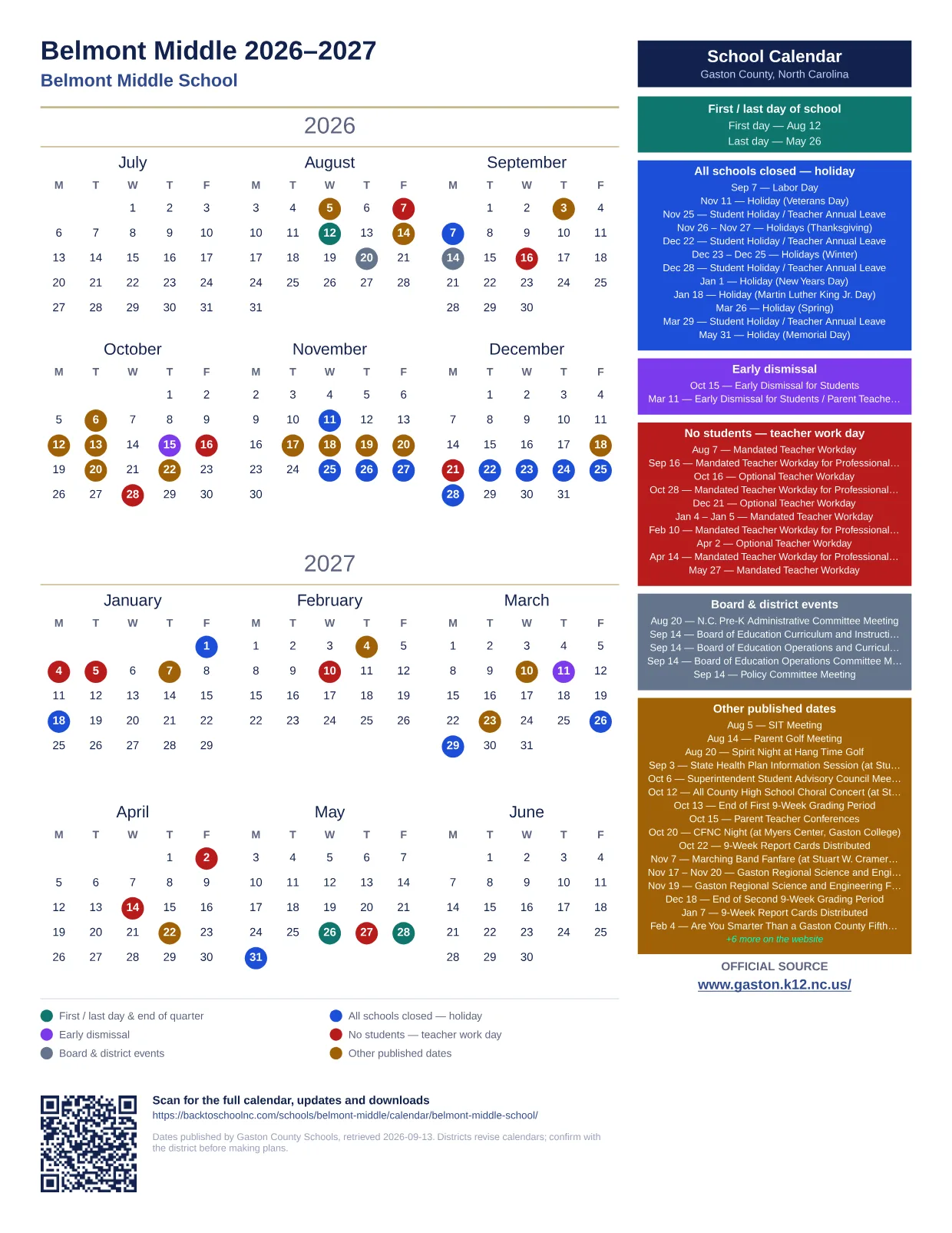 Belmont Middle 2026–2027 printable calendar