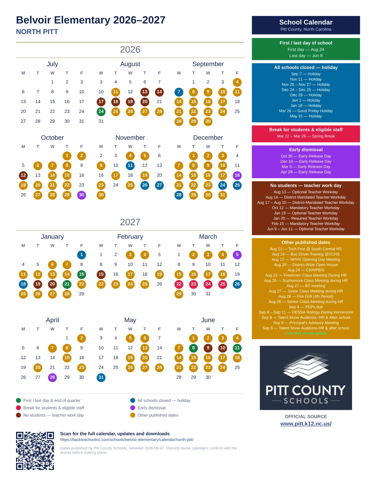 Belvoir Elementary 2026–2027 printable calendar