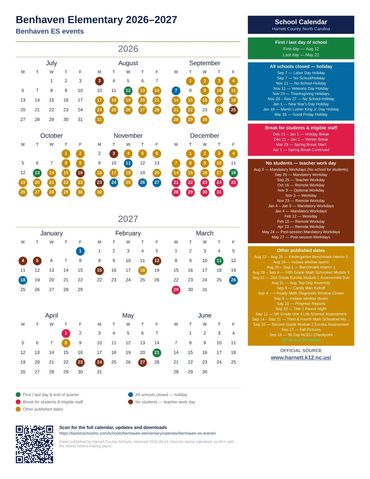 Benhaven Elementary 2026–2027 printable calendar