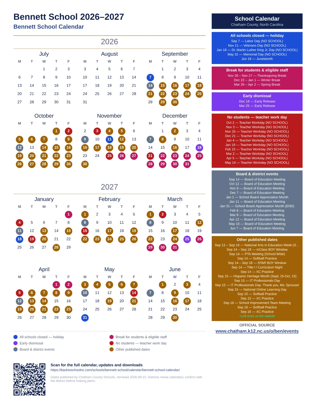 Bennett School  printable calendar