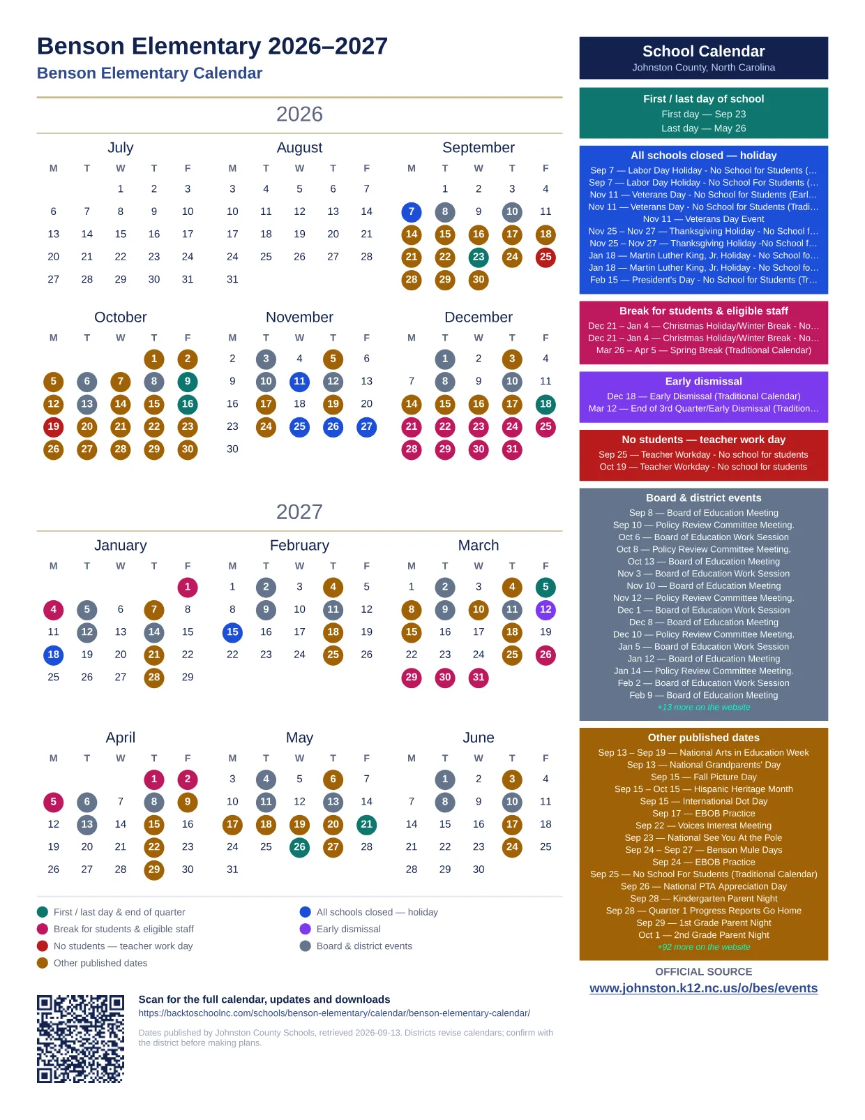 Benson Elementary 2026–2027 printable calendar