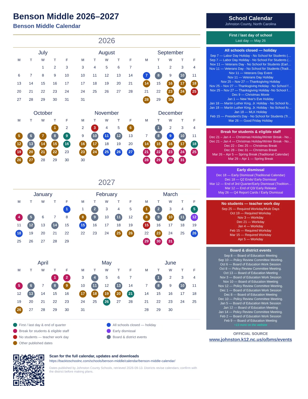Benson Middle printable calendar