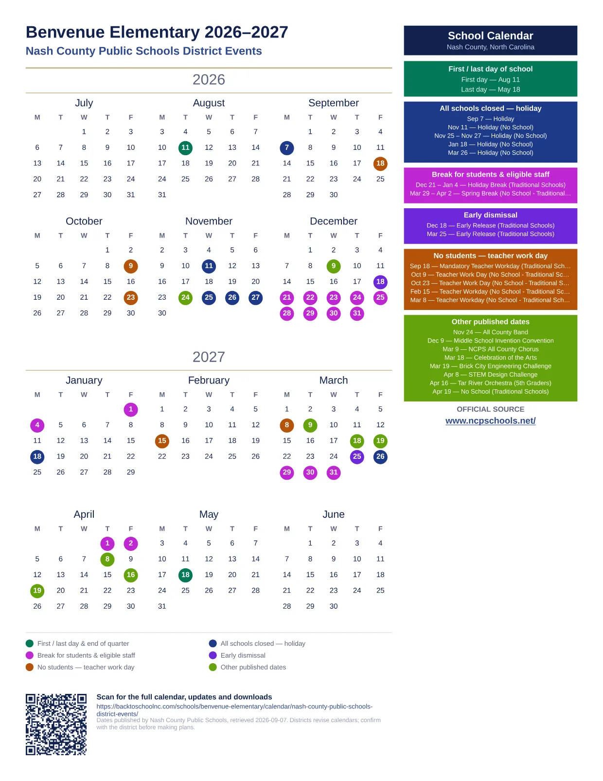 Benvenue Elementary 2026–2027 printable calendar