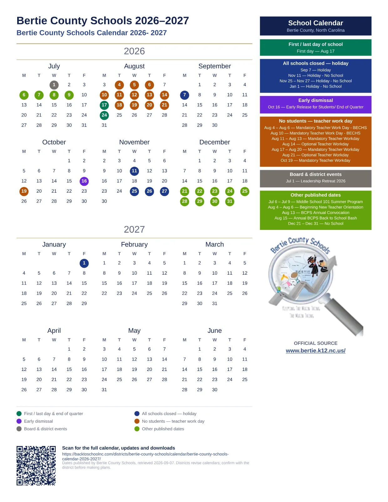 Bertie County Schools Bertie County Schools Calendar 2026- 2027 2026–2027 printable calendar