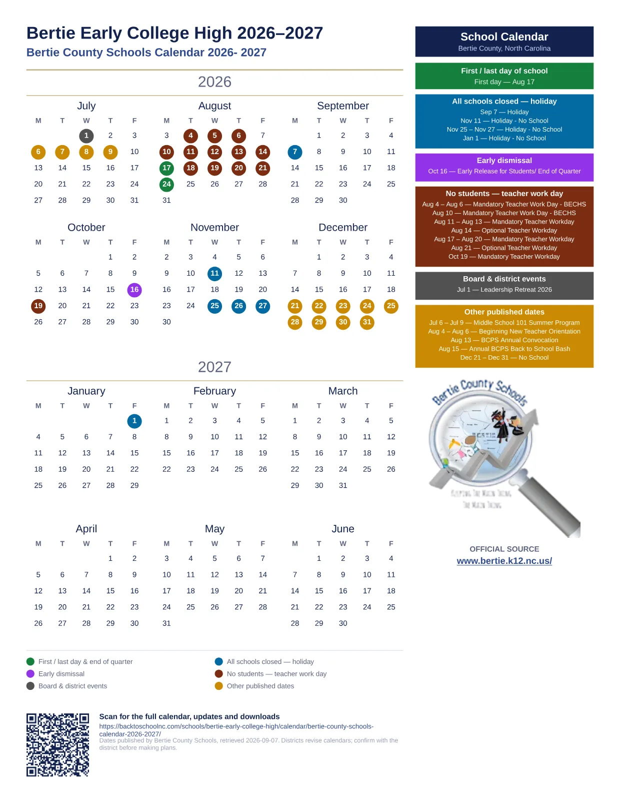 Bertie Early College High 2026–2027 printable calendar