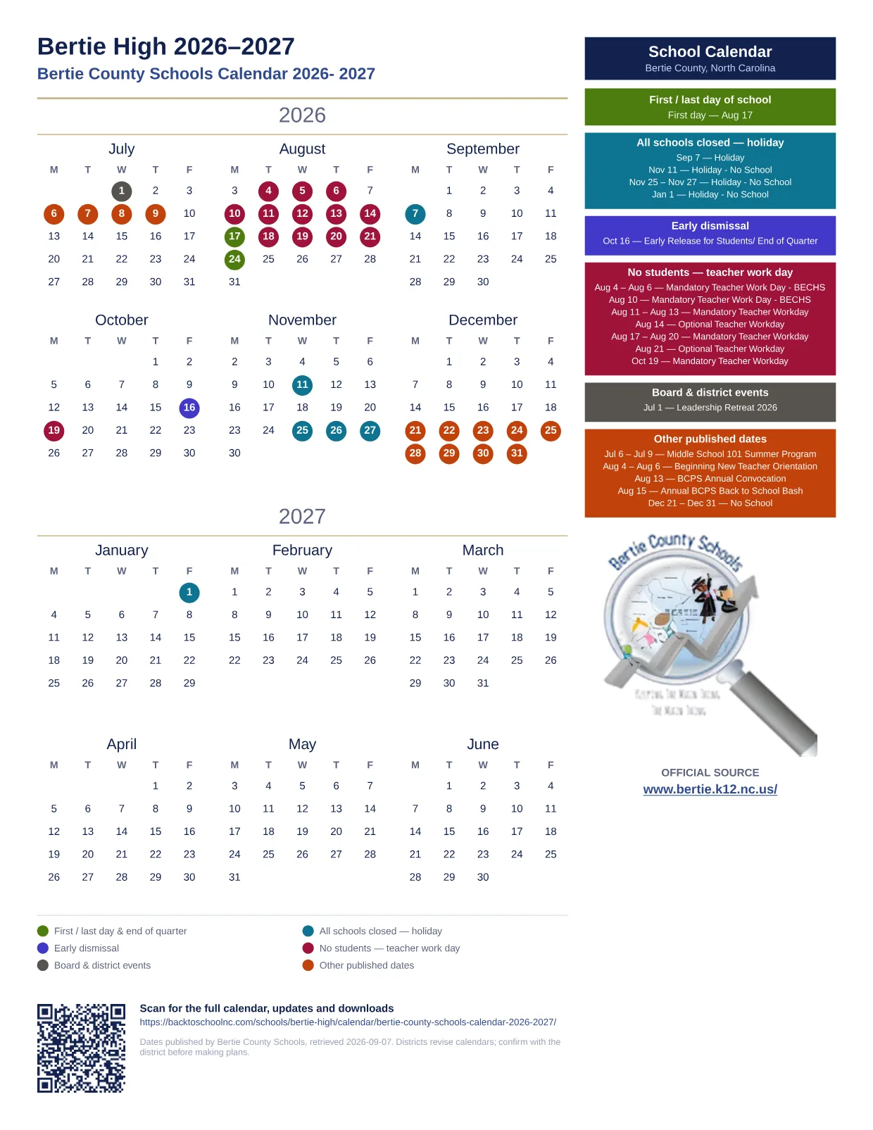 Bertie High 2026–2027 printable calendar