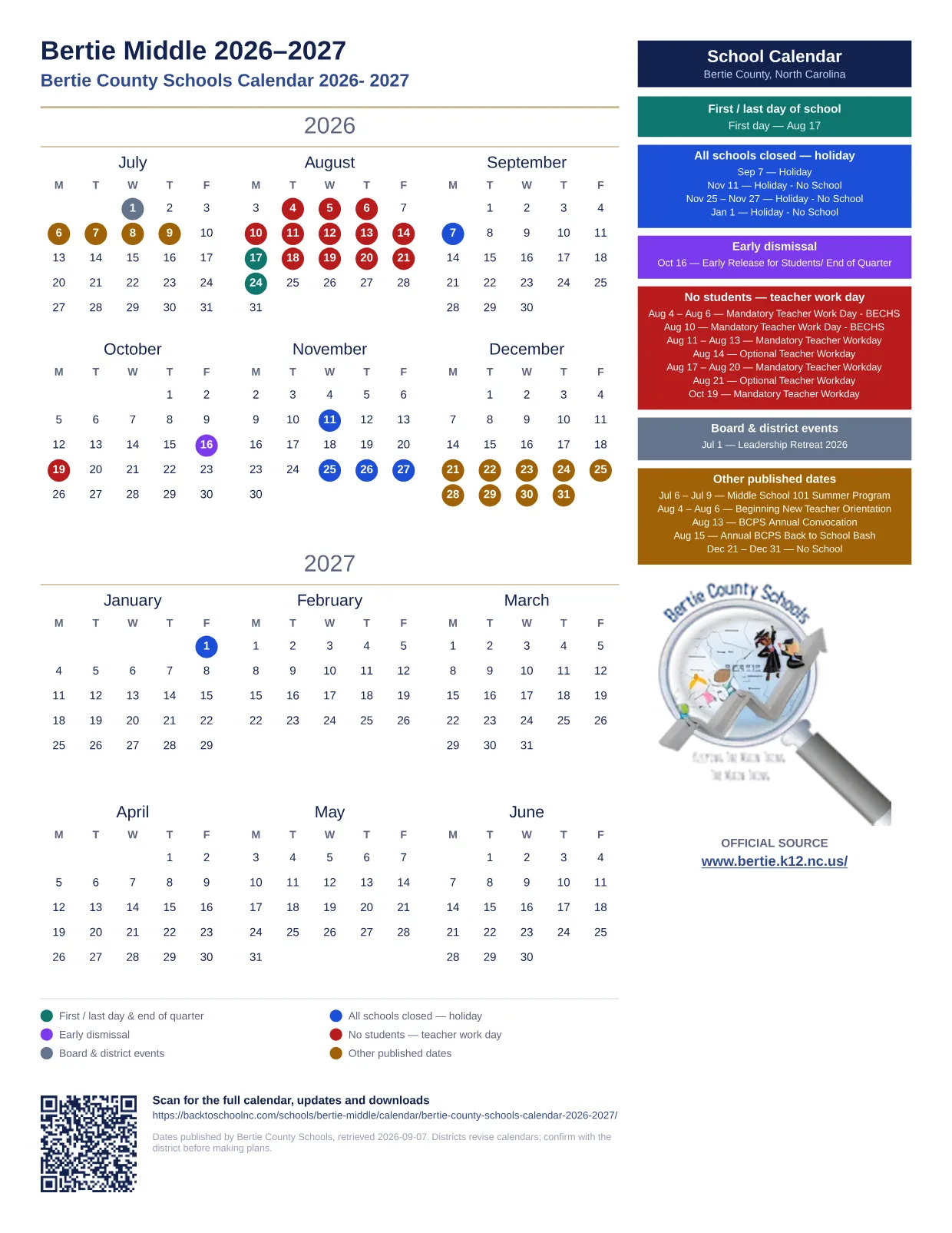 Bertie Middle 2026–2027 printable calendar