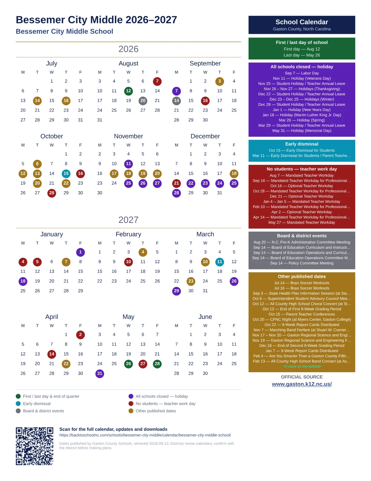 Bessemer City Middle 2026–2027 printable calendar