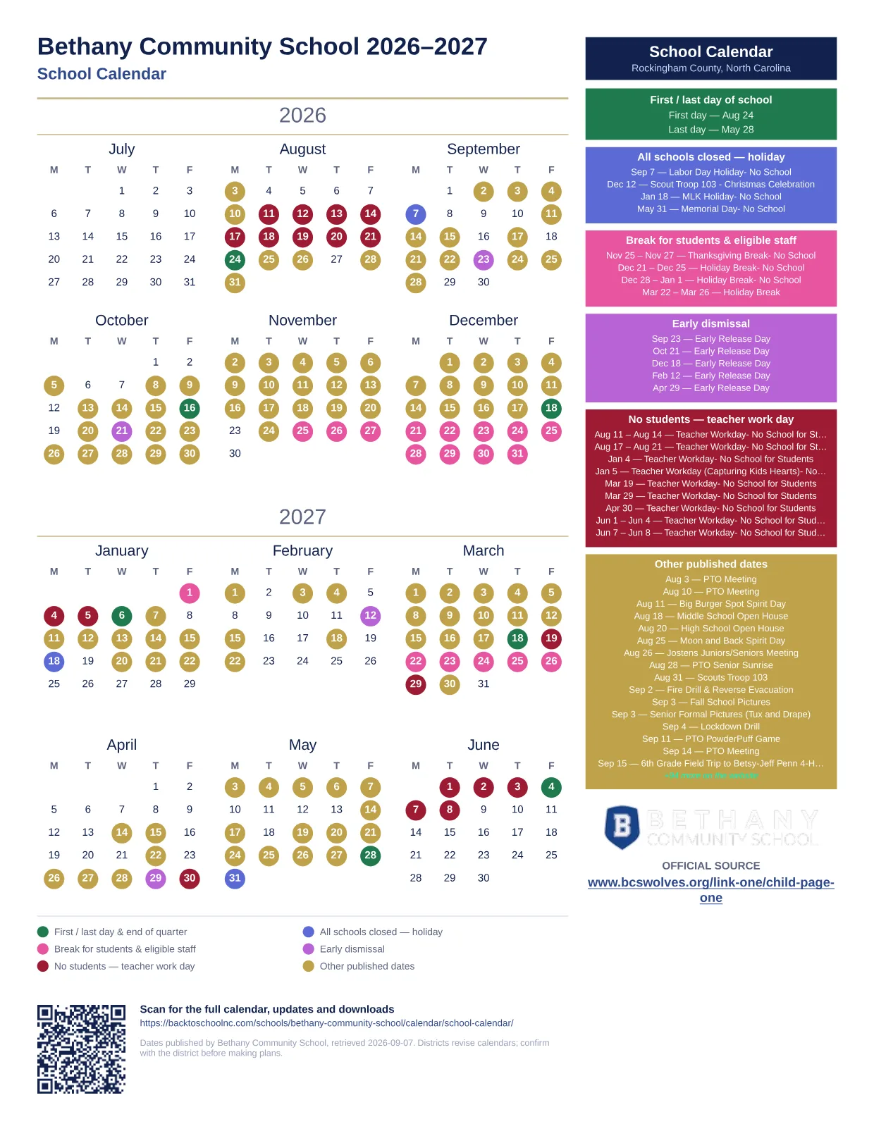 Bethany Community School School Calendar 2026–2027 printable calendar