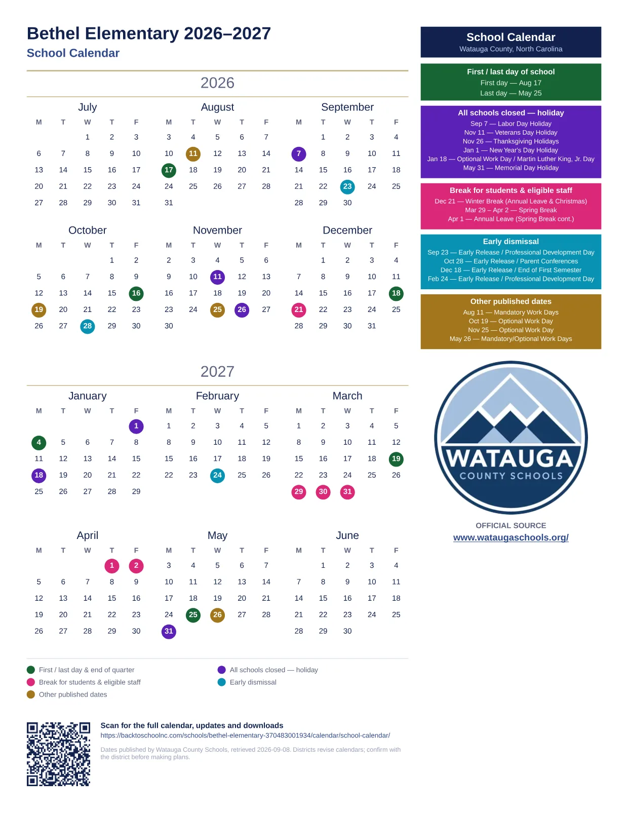 Bethel Elementary 2026–2027 printable calendar