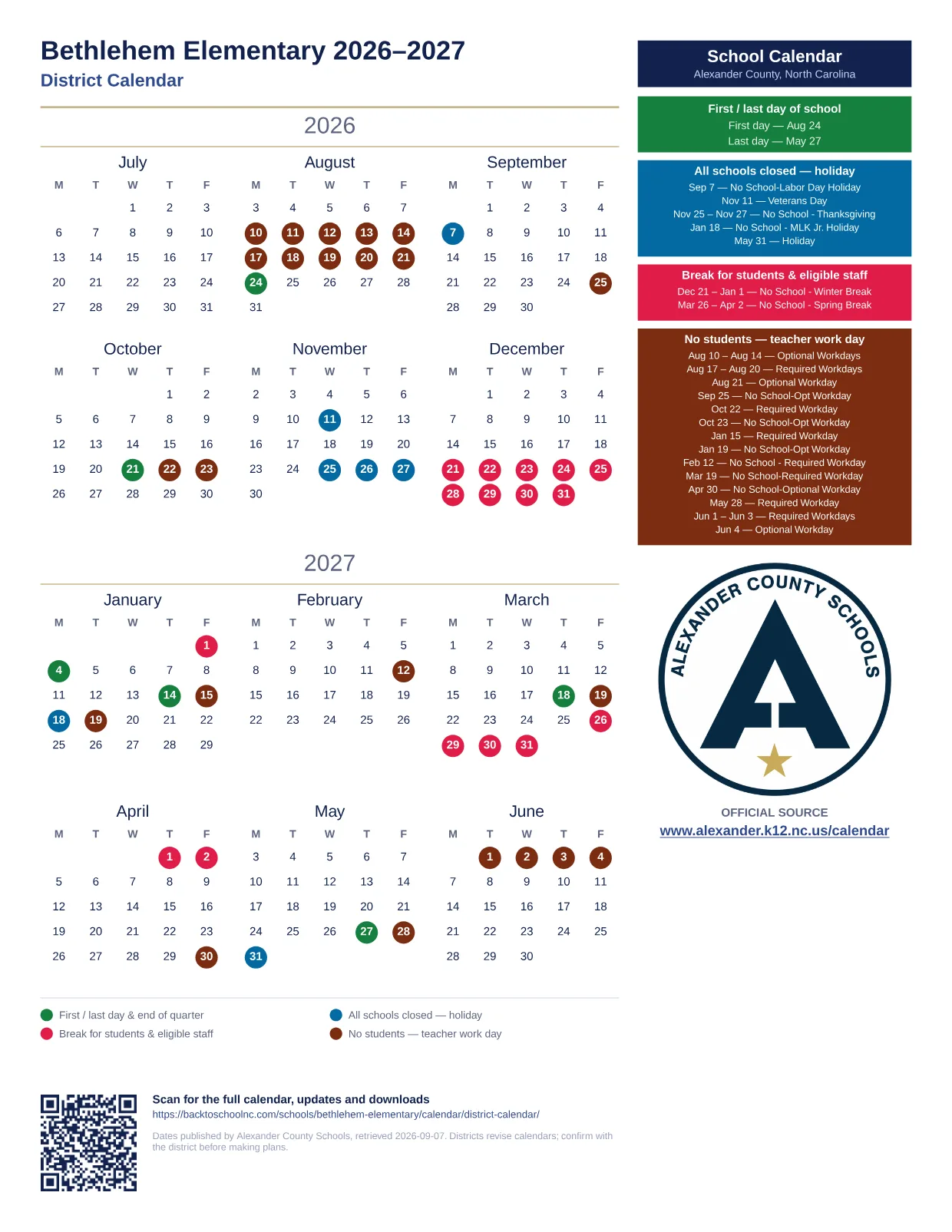 Bethlehem Elementary 2026–2027 printable calendar