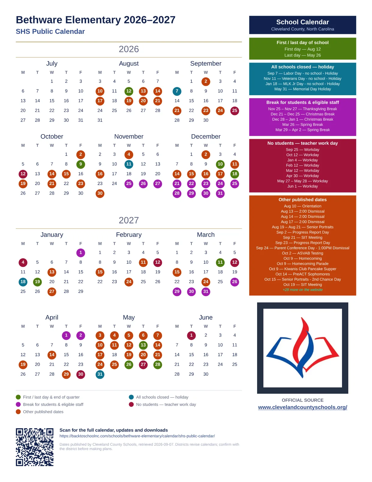 Bethware Elementary 2026–2027 printable calendar