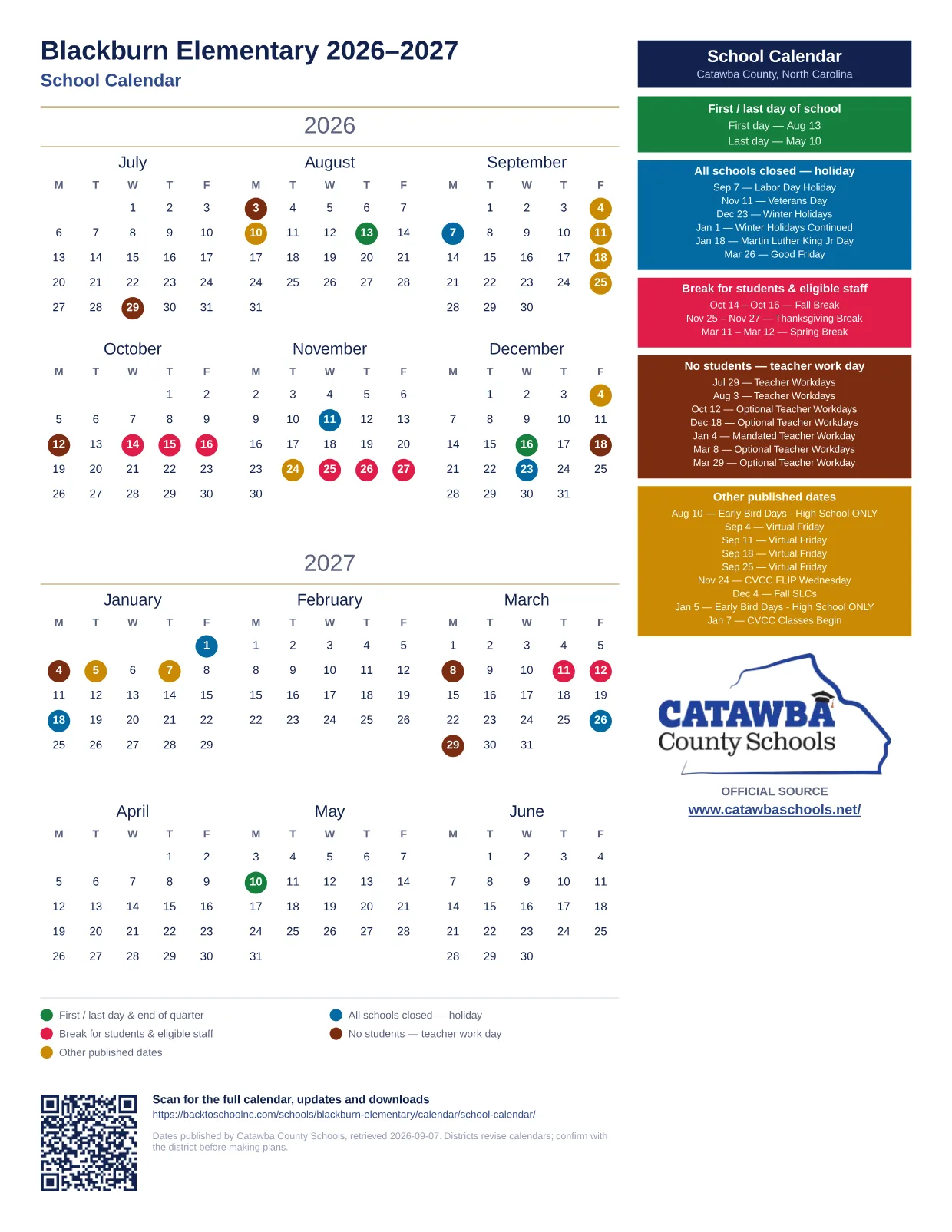 Blackburn Elementary 2026–2027 printable calendar
