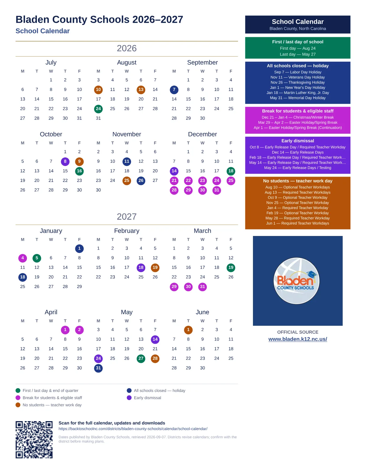 Bladen County Schools School Calendar 2026–2027 printable calendar