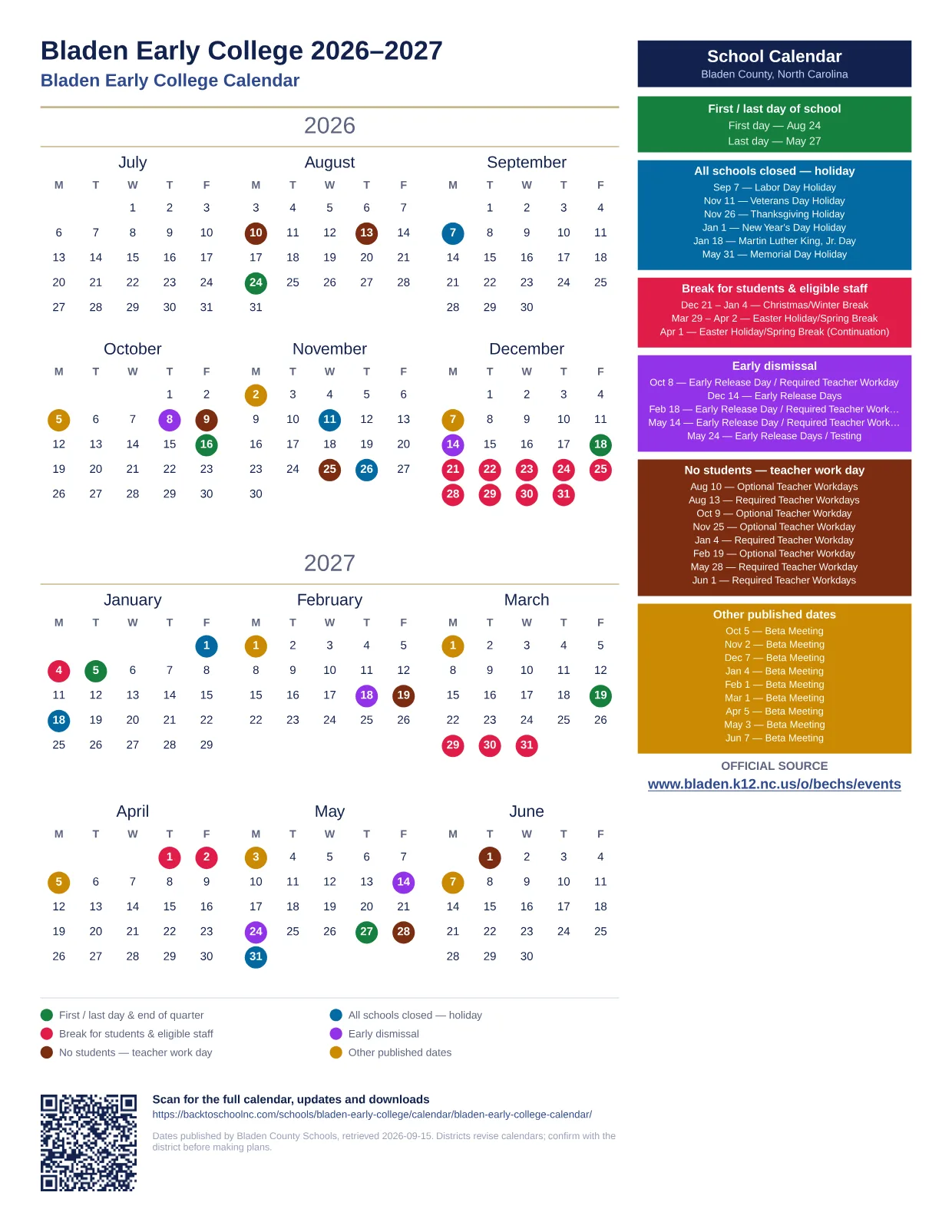 Bladen Early College 2026–2027 printable calendar