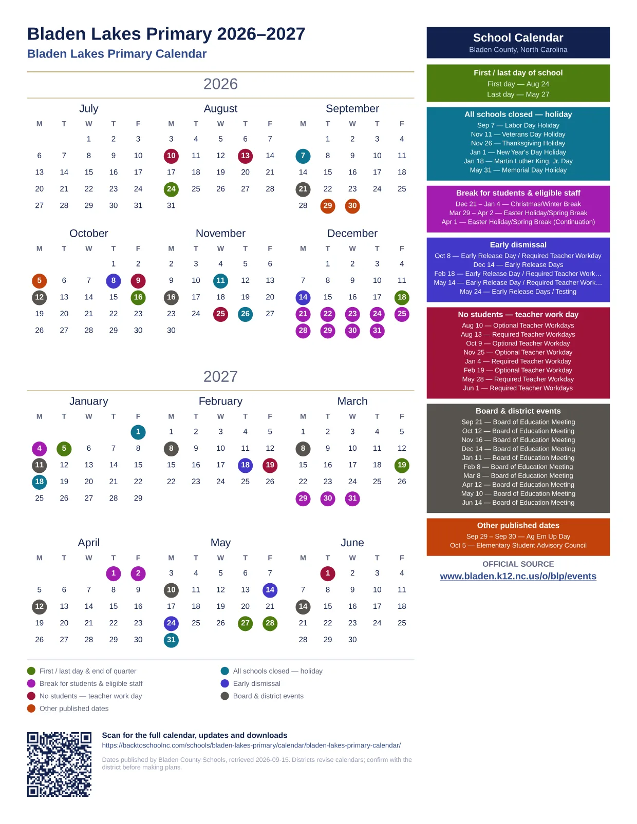 Bladen Lakes Primary 2026–2027 printable calendar