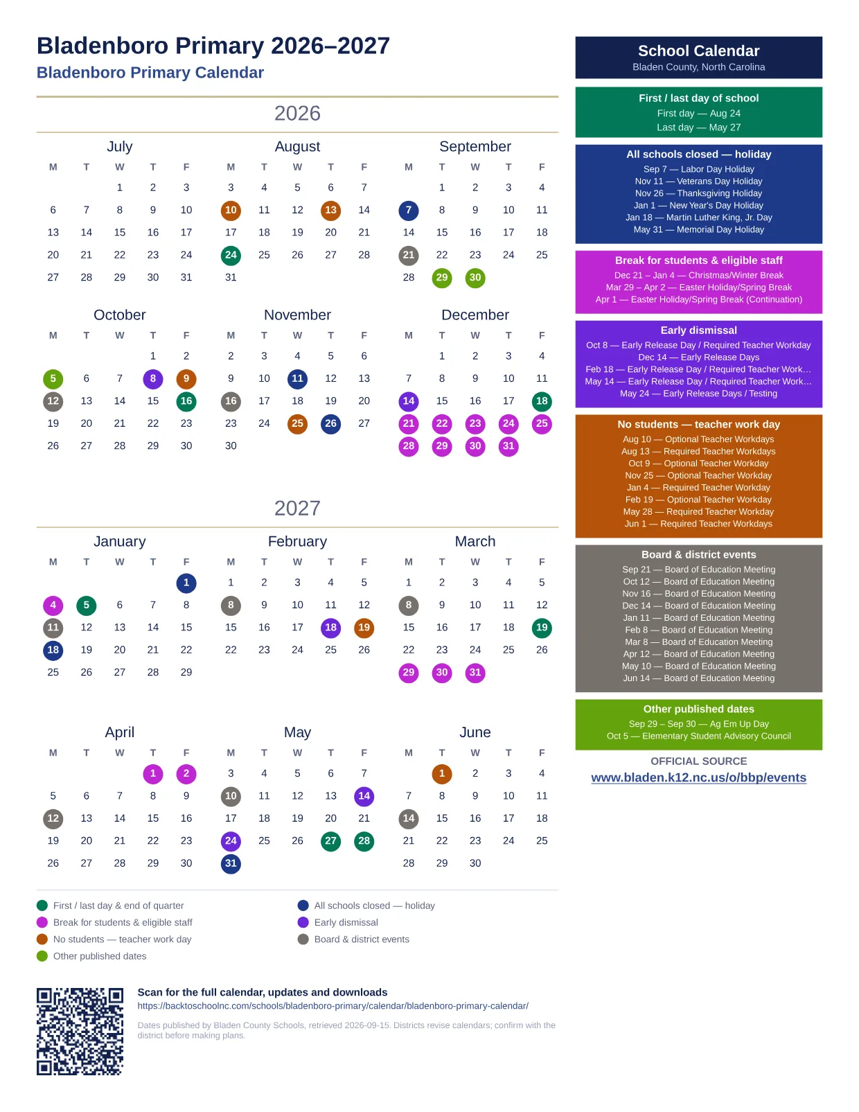 Bladenboro Primary 2026–2027 printable calendar
