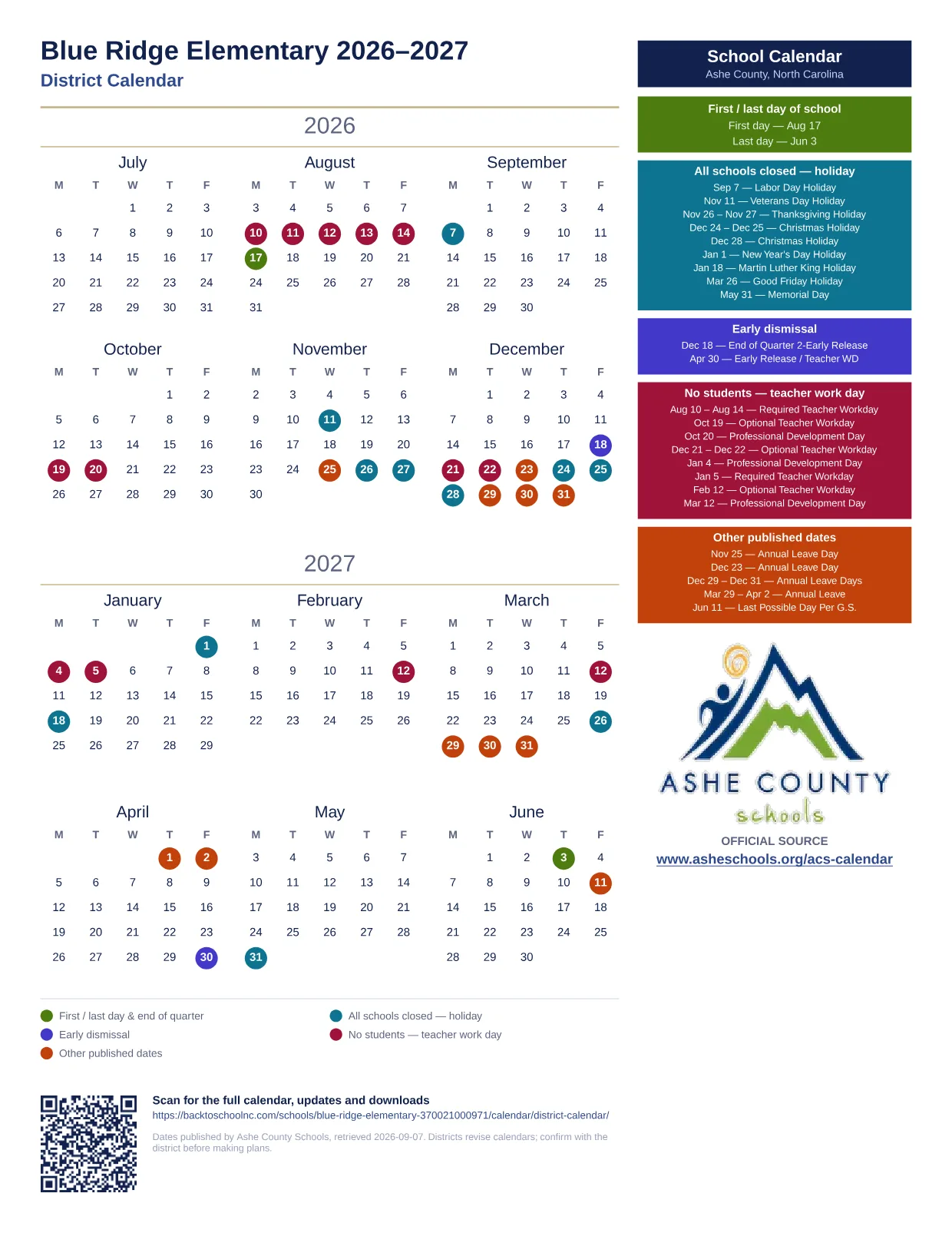 Blue Ridge Elementary 2026–2027 printable calendar