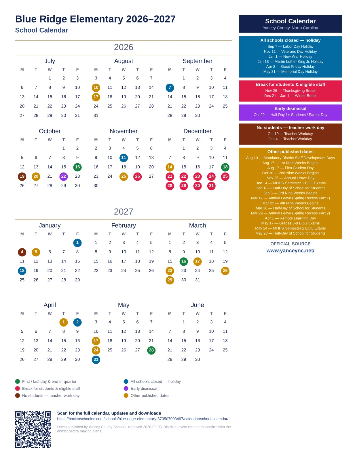 Blue Ridge Elementary  printable calendar