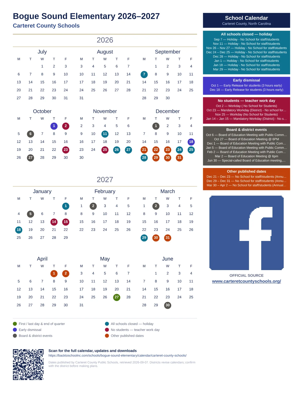 Bogue Sound Elementary printable calendar