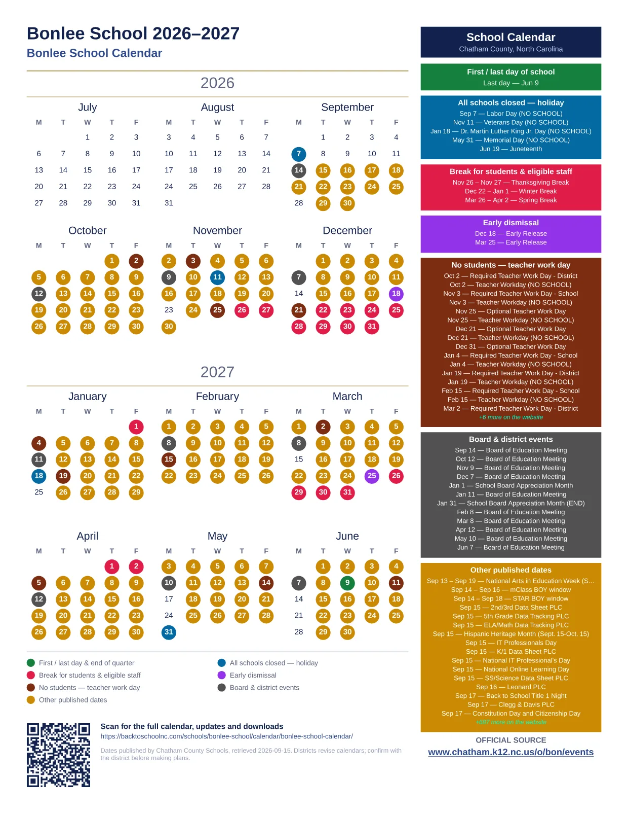Bonlee School  printable calendar