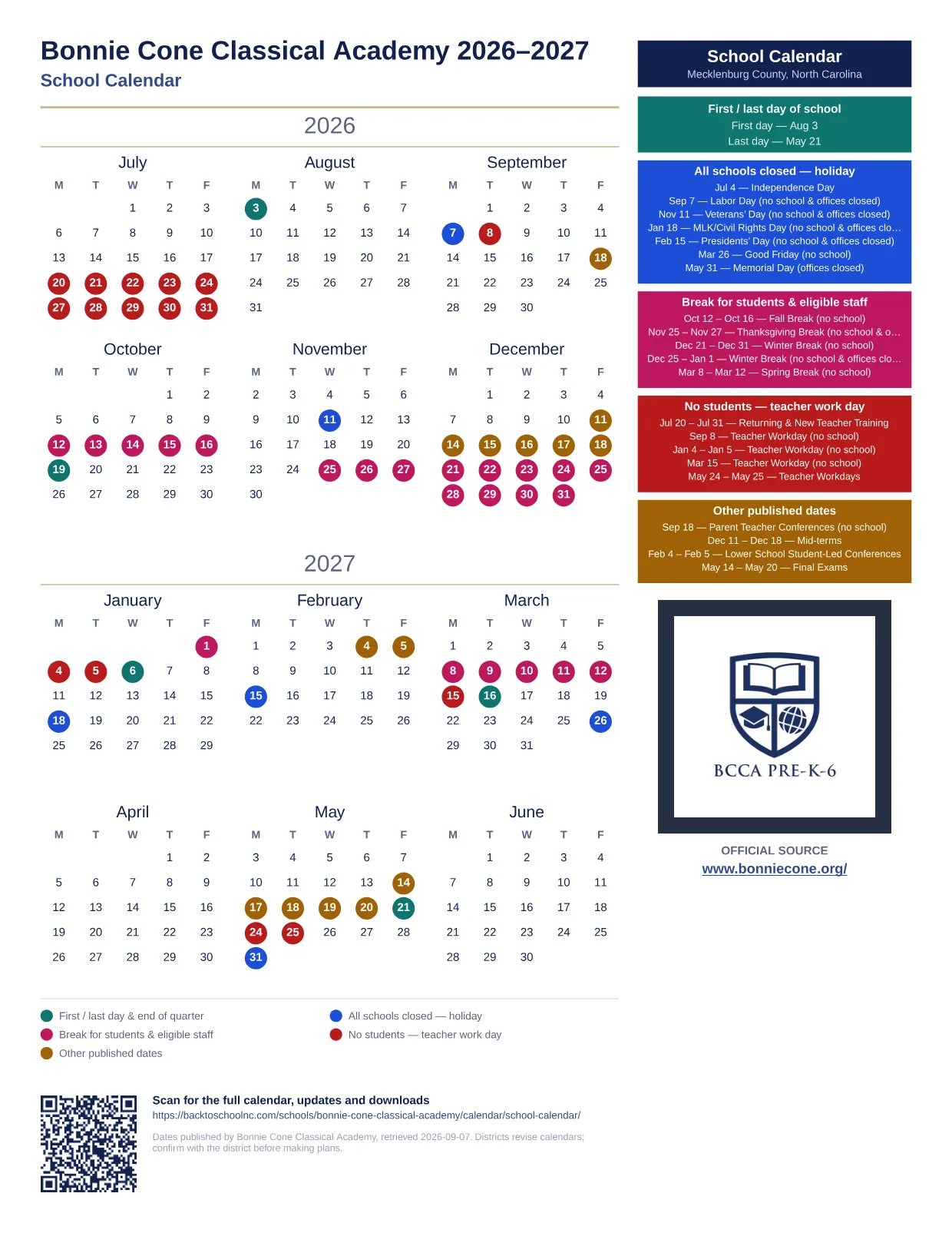 Bonnie Cone Classical Academy School Calendar 2026–2027 printable calendar
